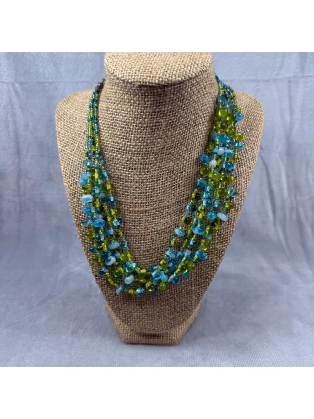 Multistrand Blue & Green Glass Beaded Necklace - Statement Piece Women Vintage